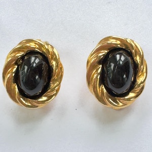 KJL Lucite Earrings, KJL for Avon, Gold Black Clip Earrings, Vintage Kennth J. Lane Jewelry