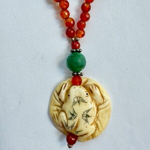 Vintage Frog Pendant Necklace, Artisan Carved Frog, Czech Glass Beads, Sterling Clasp, Chinese Export, Artisan Gift for Her