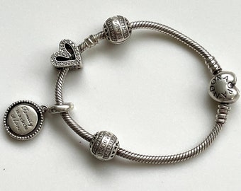 Pandora Moments BARREL Bracelet, Sterling Silver,  Family Dangle Charm, Filigree Heart Charm, Ball Charms, Vintage Pandora Jewelry
