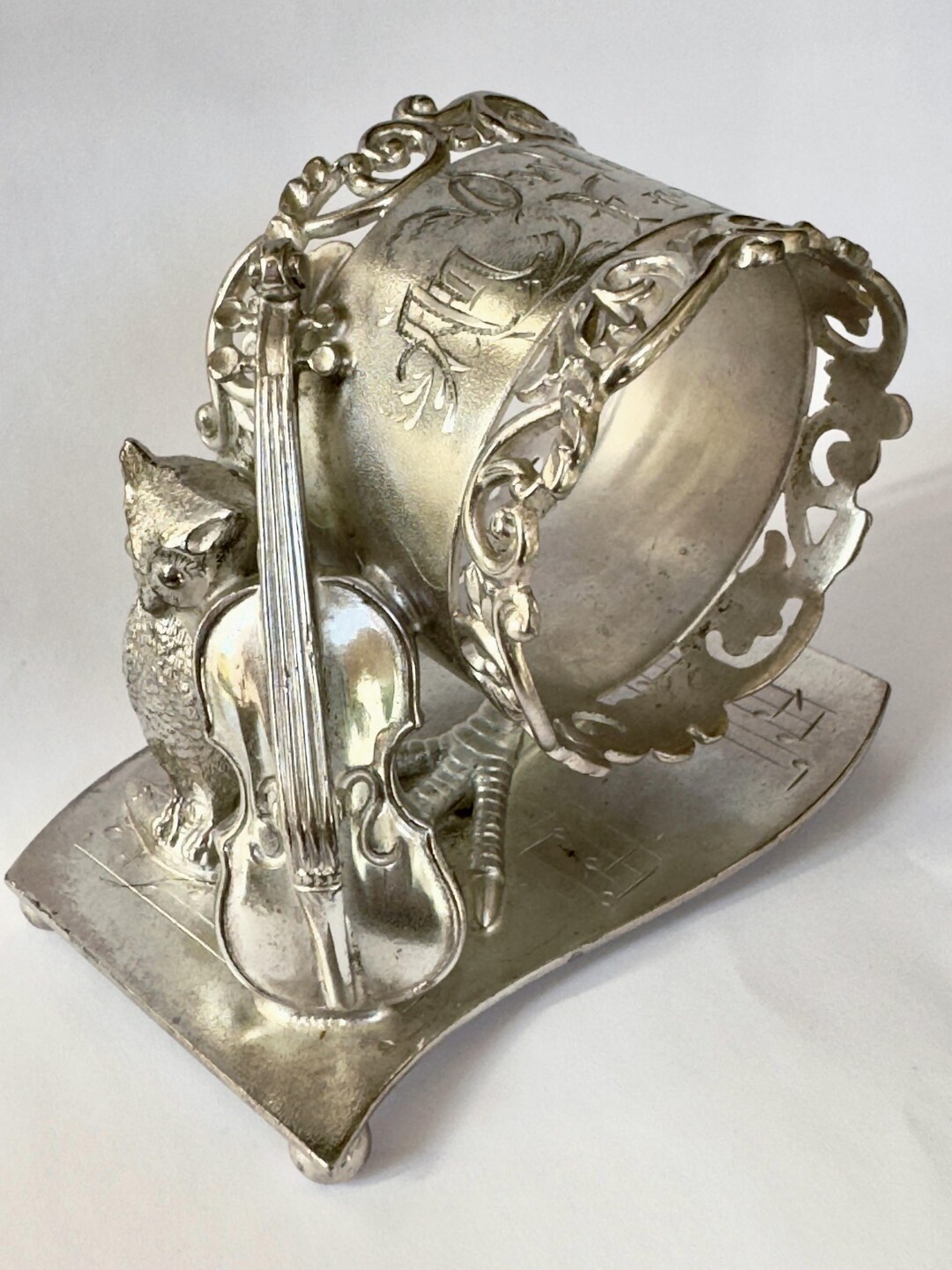 Antique Wilcox Napkin Ring, Silver Plate Figural, Owl and Violin, Owld ...