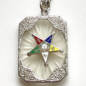 Antique Masonic Camphor Glass Pendant Necklace, Art Deco Antique Camphor OES Pendant 1920s, 24 Inch Chain Jewelry Jewellry