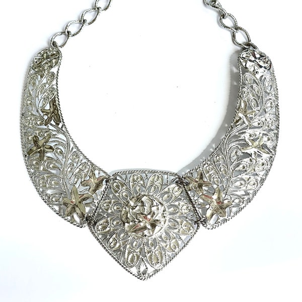 Jose Barrera for Avon Bib Necklace, Falling Leaves, Silver Plate Collar Necklace,  Fabulous Cleopatra Style