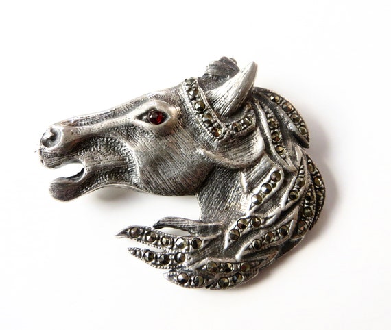 Sterling Equestrian Horse Brooch,  Marcasite Hors… - image 1
