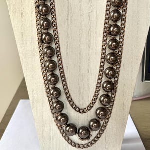 Vintage Givenchy Pearl Chain Necklace, 24 Inch Long Toggle Necklace, Caged Gunmetal Pearls, Bronze Chains, Vintage Givenchy Jewelry