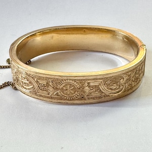 Antique Art Nouveau Gold Filled Bangle Bracelet,  Etched Bangle Bracelet, Small Wrist, Safety Chain,  Antique Estate Jewelry