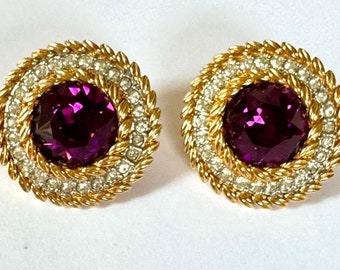 Vintage Swarovski Earring, Swarovski Crystal Clip Earrings, Amethyst, Clear Stones, Signed SAL, Gift for Her