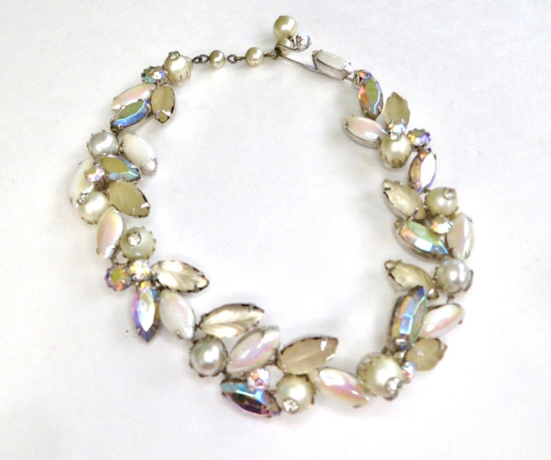 Vintage Kramer Jewelry Kramer Molded Glass Rhinestone Necklace Iridized Glass Pearls Rose Montees Mid Century Jewelry 1960s