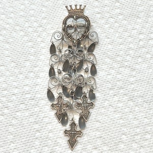 Norwegian Silver Solje Wedding Brooch, Large Heart and Crown Cross Solje Wedding Pin, 1940s Jewelry, Vintage Scandinavian Jewelry