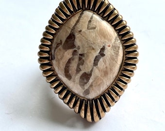 Barse Bronze Jasper Ring, Ornate Open Sides, Big Bold Ring, Vintage Barse Jewelry, Size 8 Ring