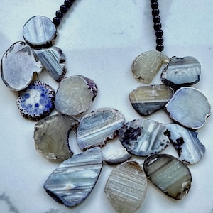 Collana vintage con fetta di agata barse e perline di ametista, gioielli boho con pietre preziose.