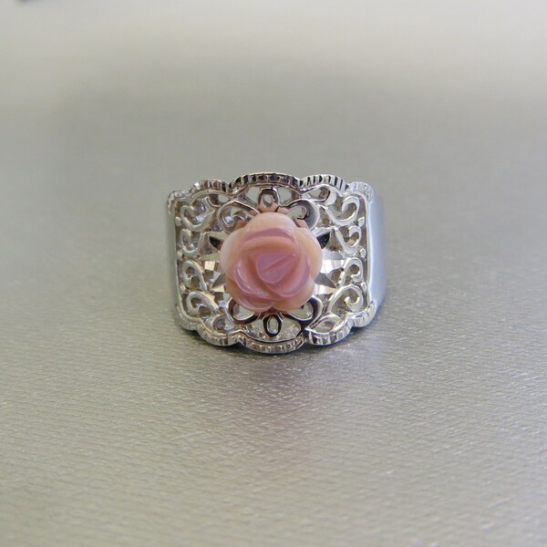 Vintage Sterling Rose Ring, Filigree Cigar Band Ring, Rose Quartz Rose, Size 9 Ring