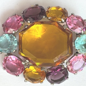 Art Deco Dress Clip, Vintage Rhinestone Fur Clip, Fabulous Multicolor Rhinestones, Large and Dramatic, Vintage Mid Century Jewelry