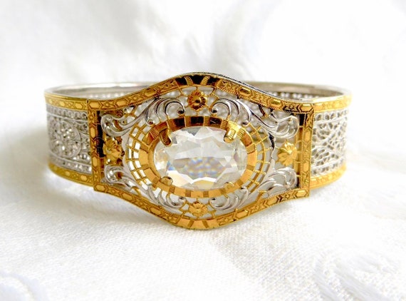 Antique Art Deco Bracelet, Filigree Gold Wash,Rock