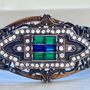 Art Deco Czech Bracelet, Czech Glass Rhinestone, Filigree Overlay, Hinged Czech Bangle, 1940&#39;s Czech Jewelry, Vintage Gift for Her