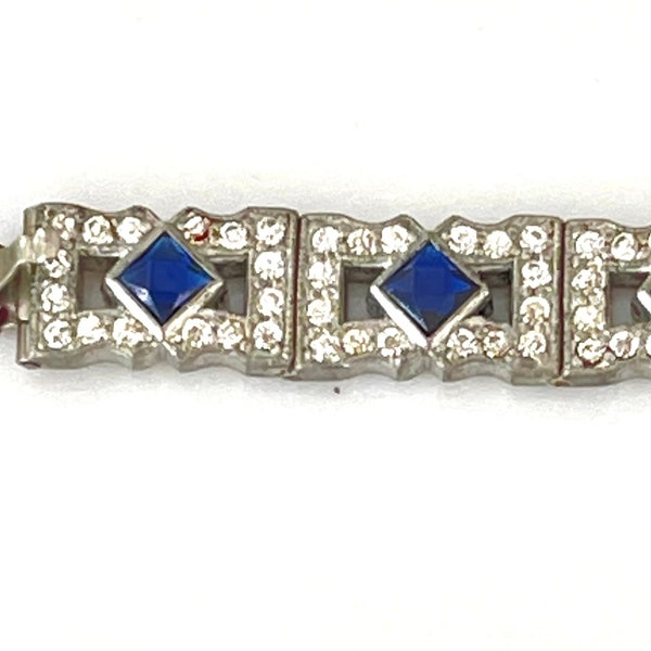 Antique Art Deco Bracelet, Rhinestone Panel Bracelet, 1920's, Clear and Sapphire Blue Rhinestones.  Art Deco Jewelry, Wedding Bracelet