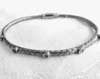 Vintage Sterling and CZ bracelet, Woven Sterling Silver with CZ Stations.  Modernist Design