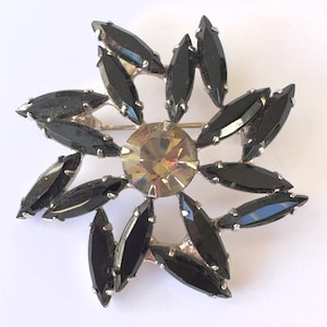 Vintage Rhinestone Brooch,  Black Navettes, Smokey Grey Center, Juliana Style Pin, 1960s Brooch, Mid Century Jewelry