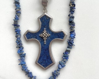 Whitney Kelly Sterling Lapis Lazuli Cross Enhancer Necklace, 25 Inch Chain, Lapis Lazuli Chip Overlay Necklace, 33 Inch Necklace