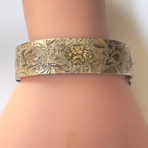 Antique Art Nouveau Gold Filled Bangle Bracelet,  Etched Bangle Bracelet, Small Wrist, Safety Chain,  Antique Estate Jewelry