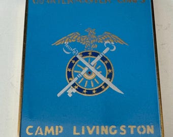 Vintage Camp Livingston Compact, militair kwartiermakerskorps, blauw geëmailleerd, militaria jaren 1940