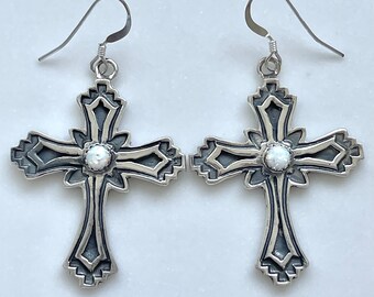 Native American Sterling Opal Maltese Cross Earrings, Handmade Opal Cross Earrings, Pierced Earrings, Gothic Cross Earrings, Cross Jewelry