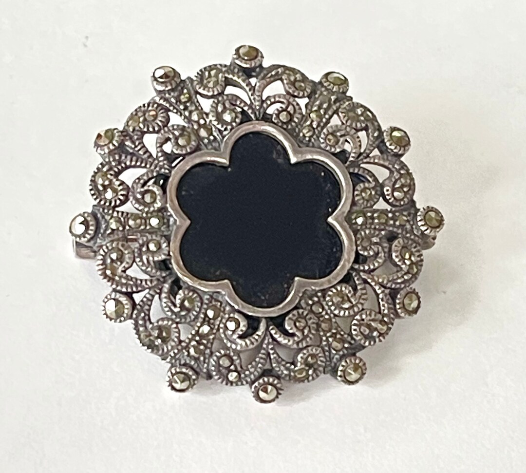 Art Deco Brooch French Silver Marcasites & Red Enamel Pin