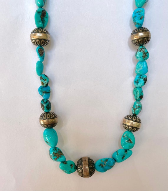 Chunky Vintage Native American Navajo Turquoise Sterling Silver Bead Necklace Chunky Vintage Native American Navajo Turquoise Sterling Silver Bead Necklace