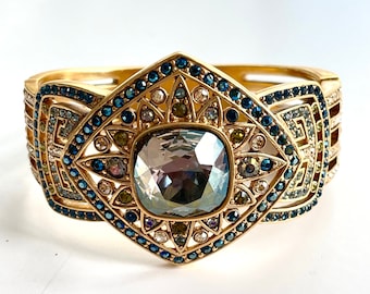 Judith Lieber Art Deco Bracelet, Jeweled Crystal Clamper Bangle, Couture Bracelet, Vintage Designer Jewelry, Gift for Her