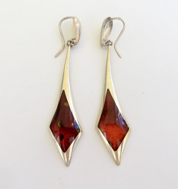 Czech Sterling Amber Earrings, Vintage Amber Drop