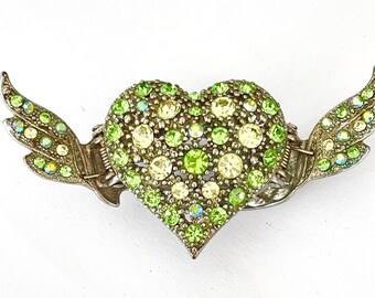 Rhinestone Hair Clip, Large Heart with Wings Jeweled Barrette, Hair Accessories, Green Rhinestone Heart Hair Claw