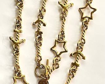 Anne Klein Toggle Necklace, Nautical Necklace, Stars Anchors Fish, Heavy Chunky Gold Toggle Necklace, 1990s Necklace