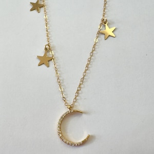 Gold Filled Moon and Star Necklace, CZ Crescent Moon, Multi Star Necklace,  16 Inch Gold Layering Necklace, Vintage Celestial Jewelry