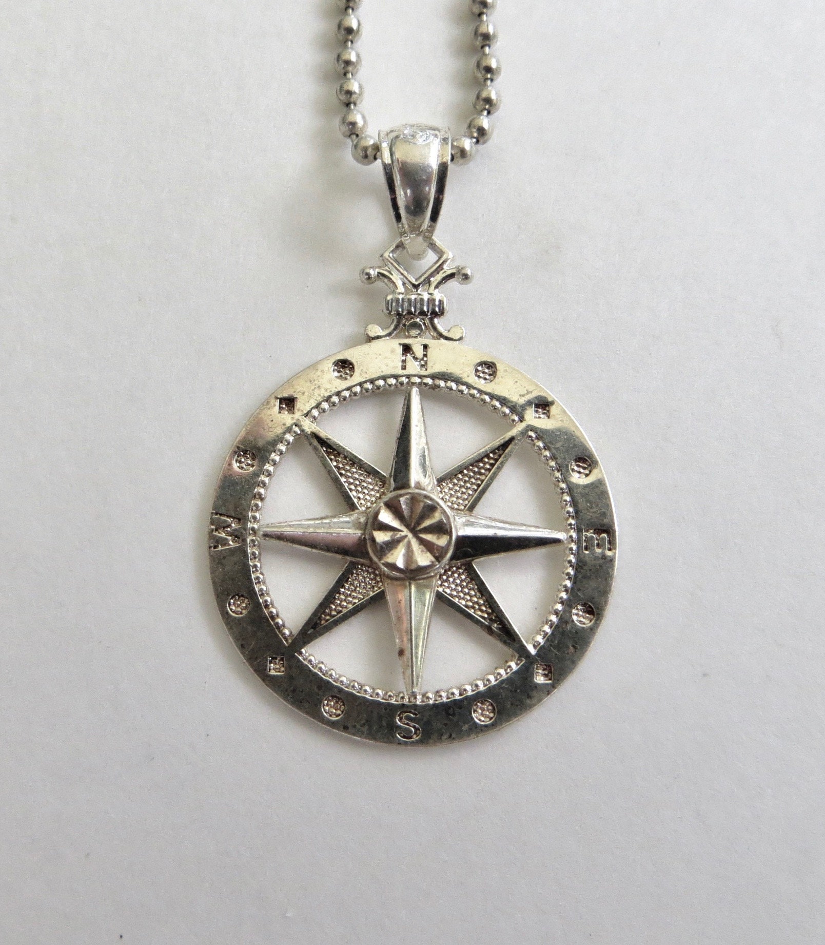 Sterling Compass Rose Pendant Necklace Sterling Silver Bead Etsy