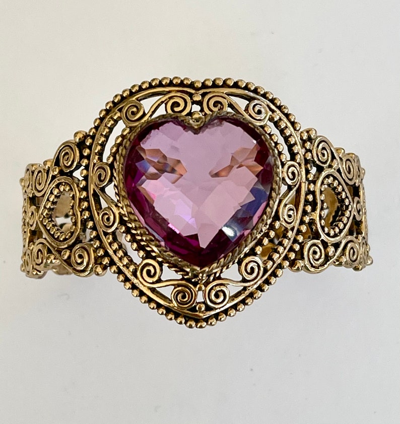 Sajen Gold Filigree Cuff Bracelet Faceted Art Glass Heart Etsy