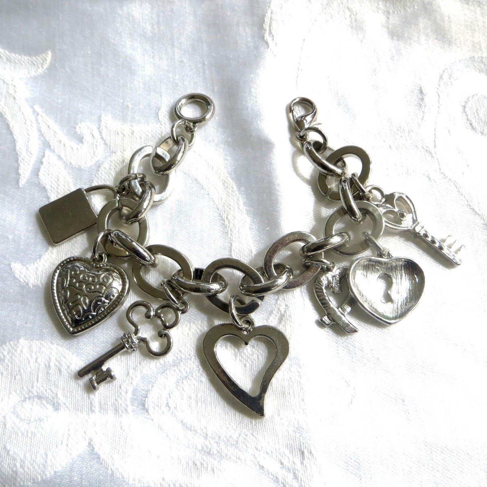 Vintage Charm Bracelet Heart Lock and Key Charms Silver Etsy