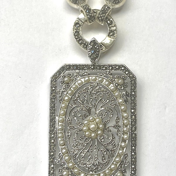 Art Deco Sterling Pendant Necklace, Filigree Marcasite Pendant with Seed Pearls, 17 Inch Sterling Marcasite Chain, Vintage Art Deco Jewelry