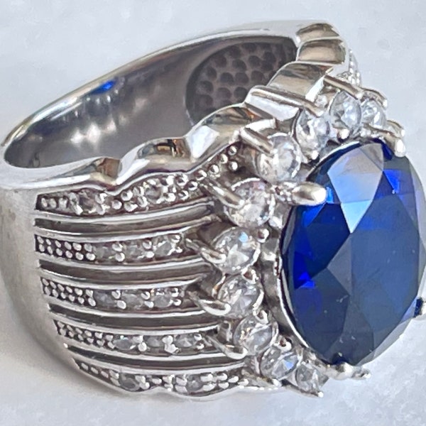 Art Deco Ring, Sapphire Ring, Sterling Silver Shank with Five Bands, Size 5 Ring, Art Deco Jewelry, Engagement Ring