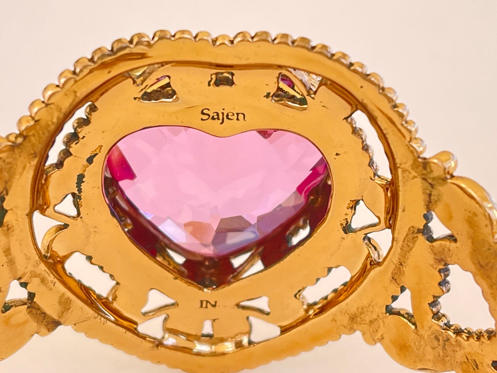 Sajen Gold Filigree Cuff Bracelet Faceted Art Glass Heart Etsy