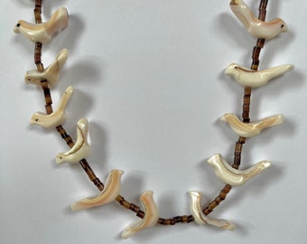 Vintage Zuni Bird Fetish Necklace, Hand Carved Shell Birds, Heishi Beads, Sterling Clasp, 26 Inch Necklace, Native American Jewelry