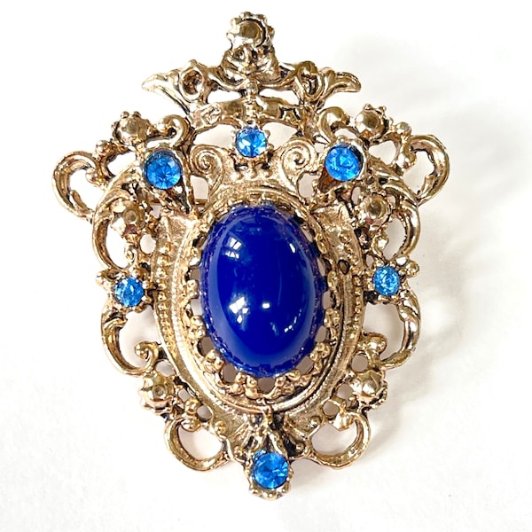 Vintage Heraldic Brooch,  Rhinestone Crown and Shield Pin, Lapis center stone,  As Is, For Repair, Vintage Heraldic Jewelry