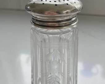 Antique Sterling Vanity Jar,  Art Deco Powder Shaker Jar, Zipper Cut Etched Glass,  Sterling Silver Lid, Victorian Decor