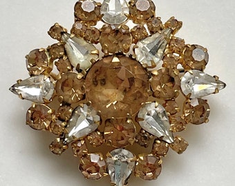 Vintage Rhinestone Brooch, Honey Gold & Clear Rhinestones, Domed Rhinestone Brooch, Mid Century Jewelry, Fall Brooch