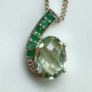 Sterling Prasiolite Emerald Pendant Necklace, Oval Green Amethyst Pendant, Emerald Accents, 18 Inch Chain, Vintage Gemstone Jewelry