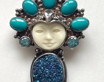 Sajen Moon Face Pendant Brooch, Blue Topaz Stone, Blue Druzy, Turquoise, Aquamarine Celestial Moon Goddess, Bali Jewelry, Boho Gift for Her 