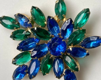 Vintage Rhinestone Brooch, Blue Green Navettes, Juliana Style Pin, Sparkle Galore, 1960s Brooch, Mid Century Jewelry