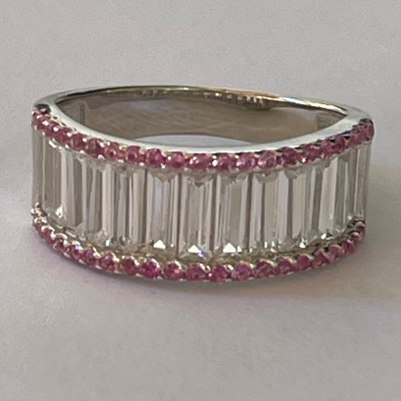 Sterling CZ Ring, Clear Baguette with Round Pink … - image 3