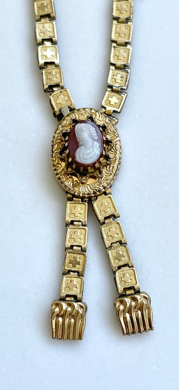 Gold Filled Cameo Necklace, Hardstone Book Chain … - image 1