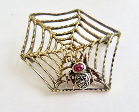 Vintage Sterling Spider Web Brooch, Marcasite Spid
