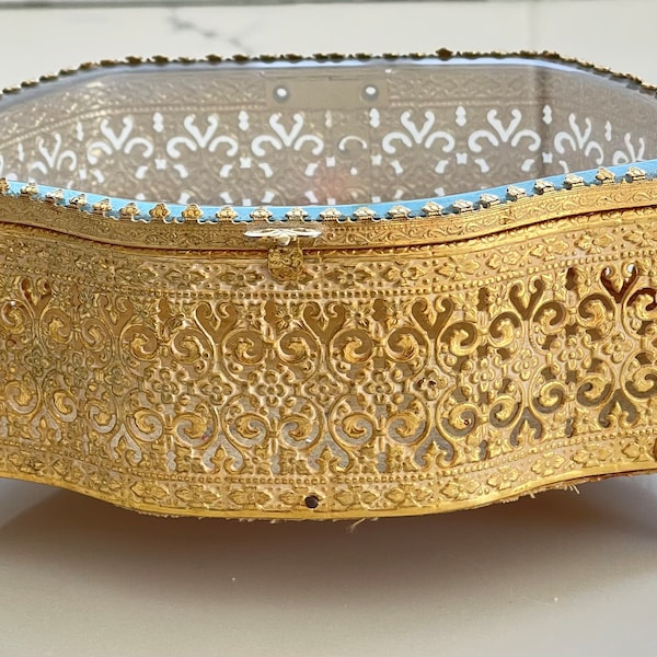Vintage Ormolu Jewelry Box, Vanity Box. Footed Jewelry Casket, Gold Filigree Box, Antique Gift For Her