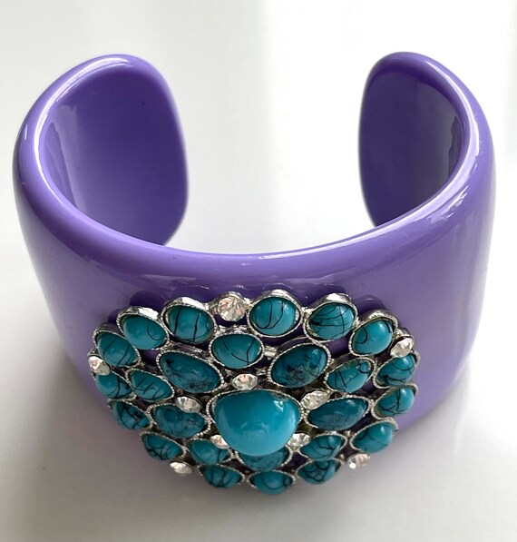 Lucite Rhinestone Cuff, Purple Turquoise Cuff, Fu… - image 3